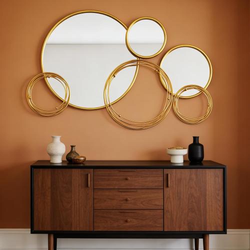 Uniclinens Modern Gold Round Mirror Decor - Large Sculpture Mirror for Living Room, Boho Wall Mirror Decor for Dining Room, Entryway, Hallway, Bedroom, 35X21