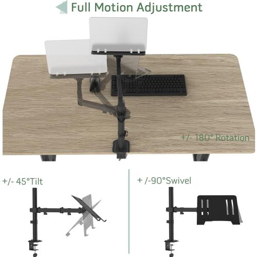 Laptop Desk Mount, Single Laptop Stand Arm with Vented Tray for 17 inch Notebook or 14”-32” Monitor, Holds up to 17.6 lbs, Fully Adjustable, Clamp/Grommet Mounting, VESA 75/100mm