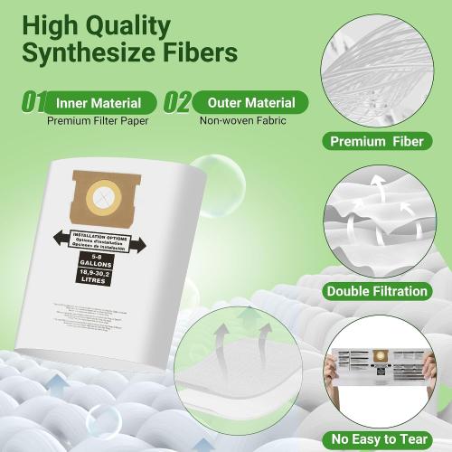 5-8 Gallon Vacuum Bags Replacement for Shop Vac Bags,Type E 90661 9066100 9066133, Type H 90671 9067100 9067133,VHBS,VDBS, PETOX High-Efficiency Disposable Vaccum Collection Filter Bags 3 Pack