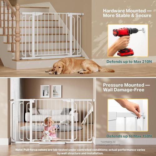 Cumbor 36.6-59 Extra Wide Baby Gate for Stairs, Pressure Mounted Dog Gate for Doorways, Auto-Close Easy Walk Through Safety Child Gate for Kids Toddler, Tall Pet Gates Indoor, White