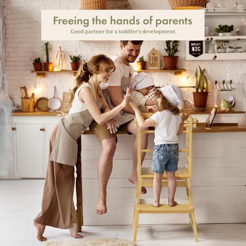 Amazer Bamboo Toddler Step Stool, Anti-Tip Toddler Kitchen Stool Helper with Push-Pull Safety Rail, Non-Slip Kids Step Stool with Safety Net, Kids Standing Tower for Bathroom Sink and Kitchen Counter