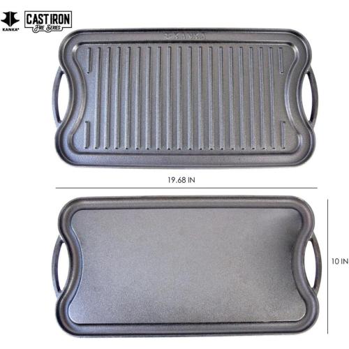 KANKA Grill Cast Iron Griddle - Extra Large Reversible Double-Sided Griddle for Gas Stove, BBQ Grill Plate, Flat Top Skillet for Stove Top, Outdoor Grill - 19.7in x 10.23in, Pre-Seasoned, Black