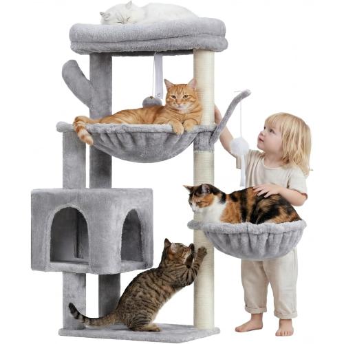 Heybly Cat Tree, 39.4 Inches Tower Condo with Scratching Post, Cat Tower for Indoor Cats, Fully Wrapped Sisal Pole, Soft Platform, 2 Baskets and Dangling Toy, Light Gray HCT006SW