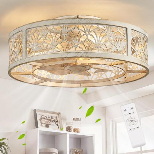 SHLUCE 18 Caged Ceiling Fan with Light, Small Flush Mount Fandelier Ceiling Fans with Lights and Remote, Rustic Low Profile Bladeless Ceiling Fan with Light for Bedroom, Kitchen, White Gold - ETL