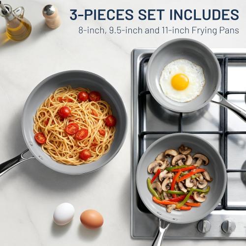 Kikcoin Non Stick Frying Pans, 3 Pack Ceramic Frying Pan for Cooking, 8 9.5 11 Inch Omelette Pans Set with Stay Cool Handle, Induction Ready, Free of PFAS PFOA PTFE, Oven/Dishwasher Safe