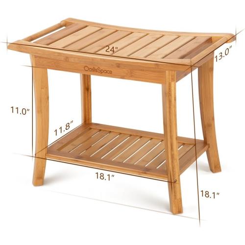 OasisSpace Bamboo Shower Bench, 24 Waterproof Shower Chair with Storage Shelf, Wood Spa Bath Organizer Seat Stool, Perfect for Indoor or Outdoor