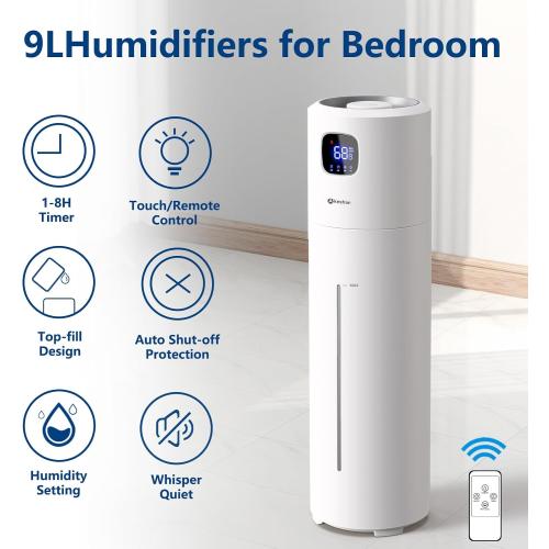 Akeshan Large Humidifiers for Bedroom, 9L/2.5Gal Ultrasonic Cool Mist, Top Fill Easy Clean with 350ML/H Mist Speed, Quiet, Suitable for Kids Room Plant Yoga Office Study Room Living (White, Round)