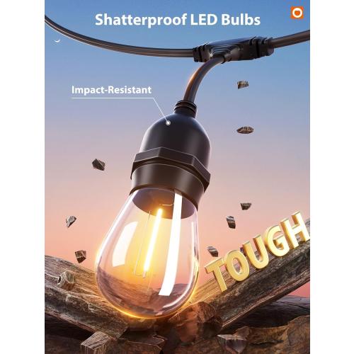 Size 48ft  LED Outdoor String Lights 48FT with Edison Vintage Shatterproof Bulbs and Commercial Grade Weatherproof Strand - ETL Listed Decorative Lights for Patio Garden