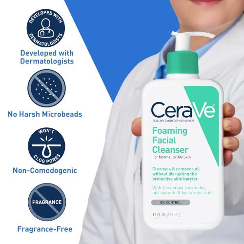 CeraVe Foaming Facial Cleanser, Daily Face Wash for Oily Skin, Hyaluronic Acid   Ceramides   Niacinamide, Fragrance Free & Paraben Free, Non-Drying Oil Control Face Wash, 16 Fluid Ounces