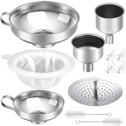 Set of 12 pcs Gejoy 12 Pcs Metal Canning Funnels Set Wide Mouth Mason Jar Funnels for Filling Stainless Steel Kitchen Filter with Strainer Mesh Filter Brushes and Adhesive Hooks, Silver
