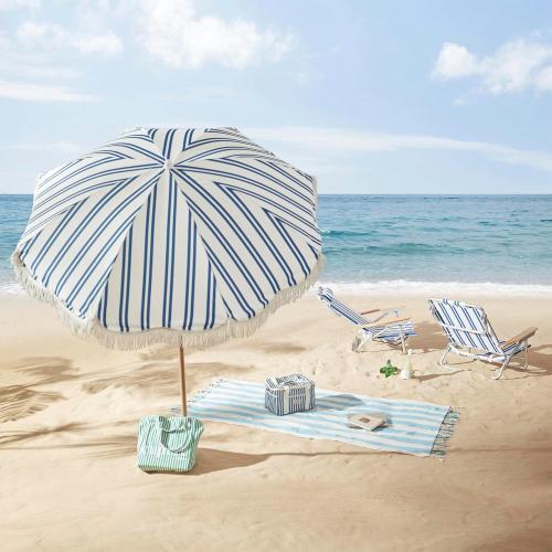 6.5FT Striped Beach Umbrella with Fringe, UPF 50  Sun Protection with Silver Coating, Adjustable Height and Tilt Design, Wind-Resistant Fiberglass Ribs, Wood Grain Iron Pole, Lightweight Design with Portable Carry Bag, Base Not Included