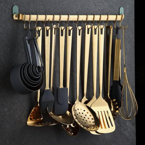 Kyraton Kitchen Utensil Rack, Kitchen Rack With Gold Titanium Plating,Rail Rack Organizer for Hanging Knives,Wall Mounted Gourmet Kitchen Rail with 14 Hooks