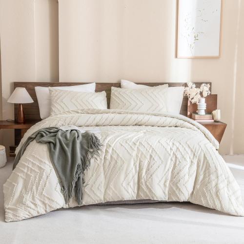 Beige 3 Pc Andency King Size Comforter Set Beige, Boho Cream Soft Warm Tufted Neutral Bedding Comforter Sets for King Size Bed, 3 Pieces Aesthetic Chevron Farmhouse Cute Bohemian Textured Bedding Set