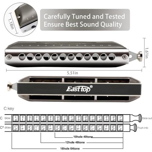 East top Harmonica, Forerunner Chromatic Harmonica C Key 12-Hole 48 Tones Mouth Organ Key of C for Adults, Beginners and Students
