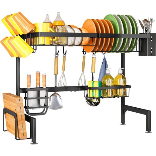 Over The Sink Dish Drying Rack - Adjustable Dish Rack for Kitchen Counter, Metal (Black)