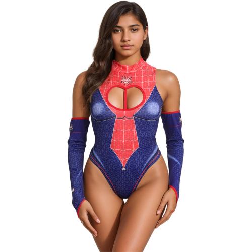 Sexy Women's Superhero Anime High Cut Bodysuit Cosplay Lingerie Set for Halloween Party (Red blue)