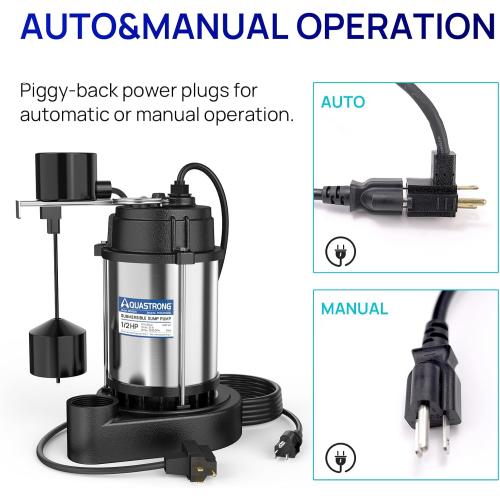 AQUASTRONG 1/2 HP Sump Pump Submersible, 3830 GPH Stainless Steel and Cast Iron Basement Water Pump, Automatic Integrated Vertical Float Switch with Piggy-back Plug,1-1/2 NPT Discharge Subpumps