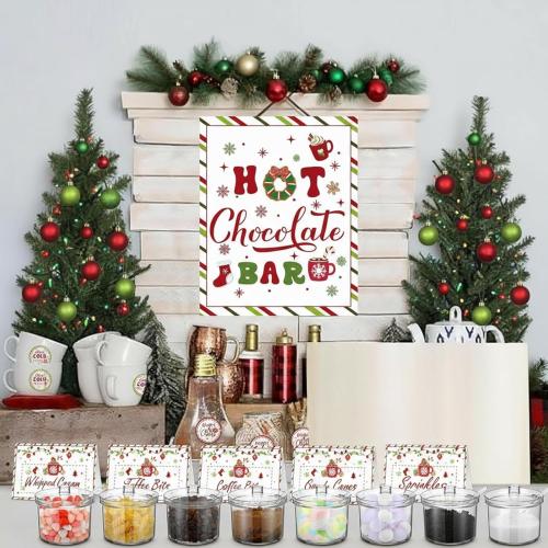 Meanplan 52 Pcs Christmas Hot Chocolate Bar Cocoa Bar Supplies 8 Acrylic Jars with Spoons 1 Hot Cocoa Stand Sign 24 Round Stickers 18 Tent Cards for Xmas Winter Party Supplies(Classic Color)