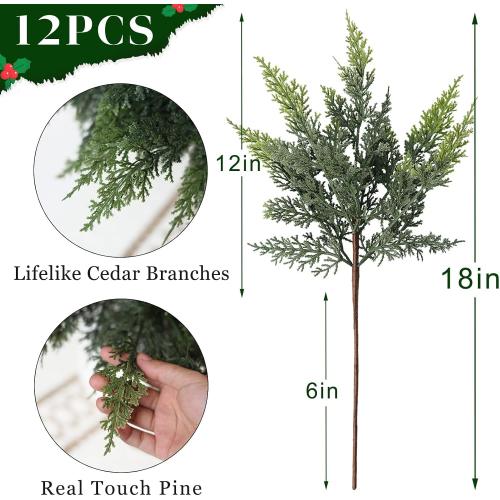 18 Real Touch Cedar Branches -12 Pcs, Artificial Christmas Cedar Branch Realistic Fake Pine Picks Faux Greenery Plants Stem for Vase DIY Crafts Garland Wreath Indoor Outdoor Home Decor