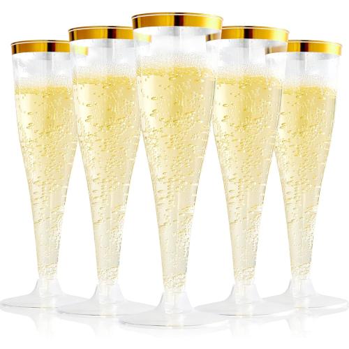 FOCUSLINE 100 Pack Plastic Champagne Flutes, 4.5 Oz Gold Rim Plastic Champagne Glasses, Disposable Clear Toasting Glasses Recyclable Champagne Cups for Wedding Party