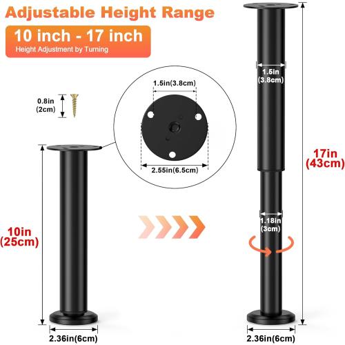 4 Pcs Adjustable Bed Center Support Legs 10-17 inch for Bed Frame/Bed Center Slat, Metal Adjustable Furniture Legs for Bed/Cabinet/Sofa/Dresser/Couch/Table,Heavy Duty Bed Replacement Legs