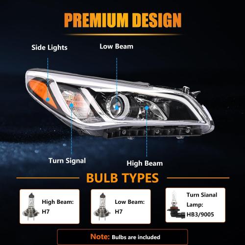 Headlight Assembly for Hyundai Sonata, Passenger & Driver Side Halogen Headlamp with Clear Lens Black Housing Amber Reflector, 1 Pair,