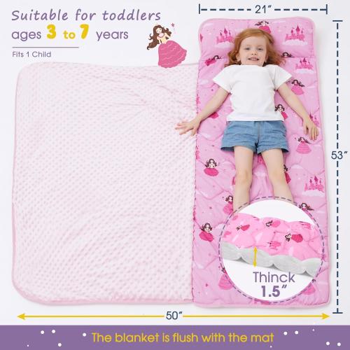 Nap Mat with Pillow Blanket Set: Sleeping Mats for Toddler Kids - Thick Large Roll up Slumber Bag for Daycare Preschool Kindergarten Boys Girls
