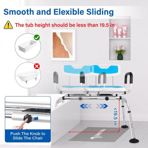 Sliding Shower Chair,Height Adjustable Tub Transfer Bench,360° Shower Swivel Seat,Bath and Shower Safety Seating with Handles for Seniors&Handicap,400Lb Capacity