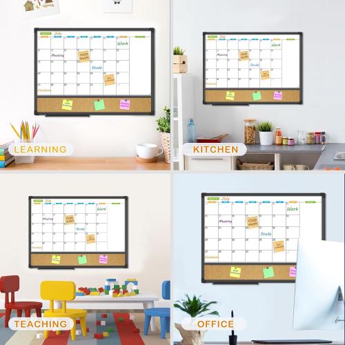 Size 24x18 JILoffice Magnetic Calendar Whiteboard & Bulletin Corkboard Combination, Combo Board 24 x 18 Inch, Black Aluminum Frame Wall Mounted Board for Office Home and School with 10 Push Pins