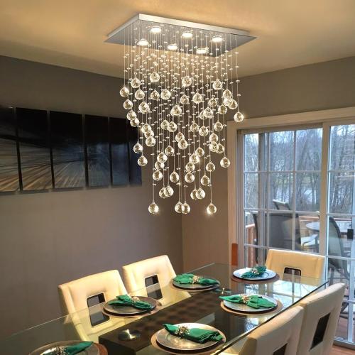 Glam Crystal Chandelier with Bulb Rain Drop Pendants Ceiling Light LED Lighting Rectangular Dining Room Light Fixture for Kitchen Island Dimmable LED Light