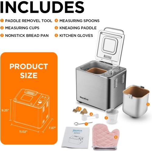 Neretva Bread Maker, 20-IN-1 2LB Bread Machine Dual Heater Bread Maker Machine Automatic with Nonstick Ceramic Pan, 15H Timer & 1H Keep Warm Set, Low Noise, Stainless Steel Breadmaker Recipe-Silver