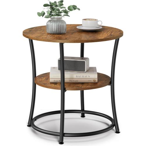 VASAGLE Side Table, 2-Tier Round End Table, Nightstand with Steel Frame for Small Spaces, Living Room, Bedroom, Rustic Brown and Ink Black