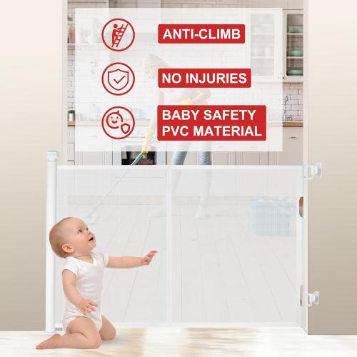 White 100″ Retractable Baby Gate – 34″ Tall Extra Wide Mesh Safety Gate for Open Floor Plans, Wide Doorways – Baby and Pet Barrier for Indoor Outdoor Use, White