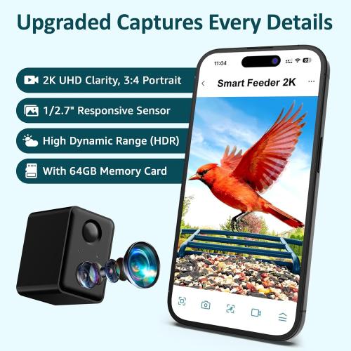 BIRDLEGEND® Bird Feeder with Camera Solar Powered, 2K Portrait Live Free AI Forever Instant Arrival Alerts with 64GB Card, Smart Camera Birds Feeders Wireless Outdoor Gift for Bird Lover, 2.4G WiFi