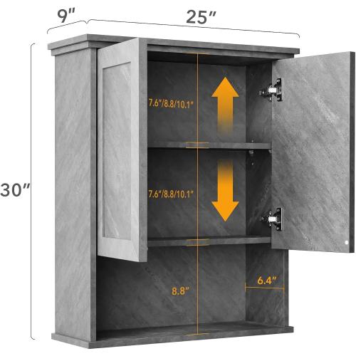 VANIRROR Bathroom Wall Cabinet Over Toilet Storage Cabinets 25x30 inchs | Above Toilet Wood Medicine Cabinets for Kitchen Wall Mounted Cabinet with 2 Door & Adjustable Shelf Texture Grey