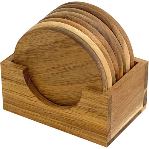 Acacia Wood Drink Coasters with Holder, Two Sets of 8 Pieces Coasters 3.72 Inch Round Wood Coasters for Cup,Dad Gifts,Tabletop Protection
