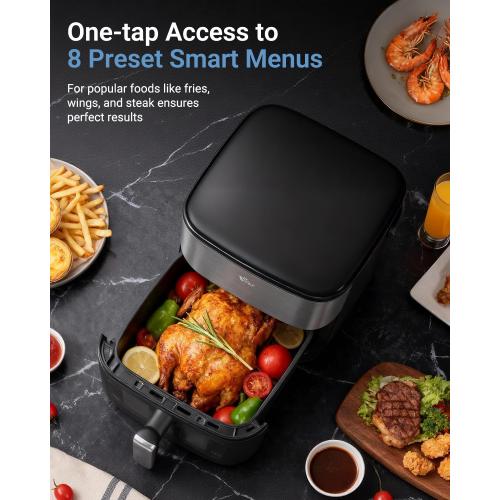 Bear 6.3QT Air Fryer with Smart Color Touchscreen, 4D Turbo Crisp Technology, See-Through Window & Steam Function for Juicy Results, 1600W, Dishwasher Safe Basket