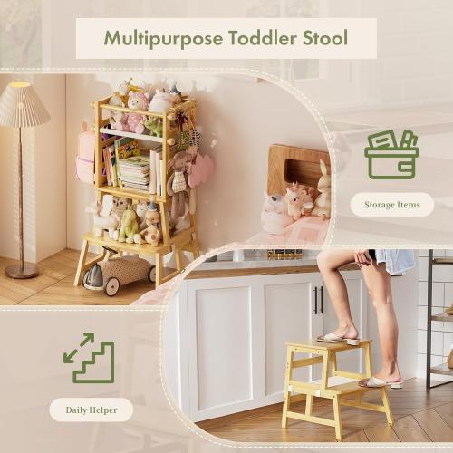 Amazer Bamboo Toddler Step Stool, Anti-Tip Toddler Kitchen Stool Helper with Push-Pull Safety Rail, Non-Slip Kids Step Stool with Safety Net, Kids Standing Tower for Bathroom Sink and Kitchen Counter