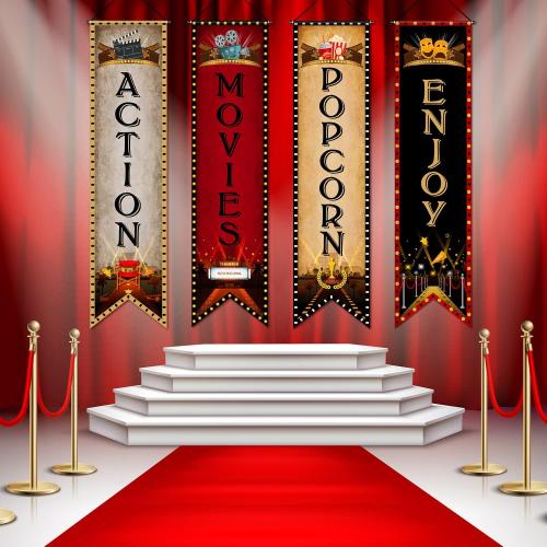 Blulu 4 Pcs Movie Night Porch Sign Banner Movie Theme Party Decoration Now Showing Banner Theater Night Popcorn Enjoy Action Hanging Porch Sign for Home Camera Film Backdrop Party Supples