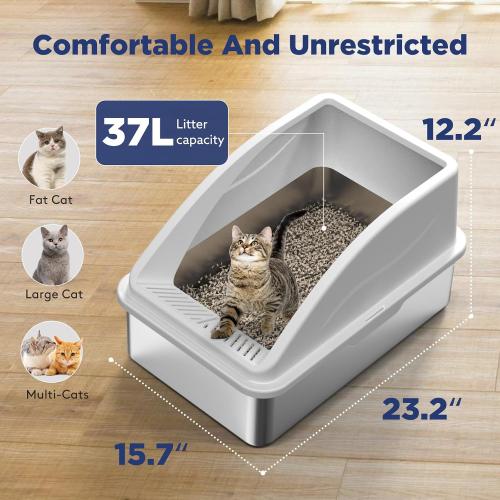 Grey 23.2 x 15.7 x 12.2 FURTIME Stainless Steel Litter Box with Lid, XL Metal Cat Litter Box for Big Cats, Extra Large Box High Sided, Non-Sticky, Easy to Clean, Anti-Urine Leakage, Include Metal Litter Scoop