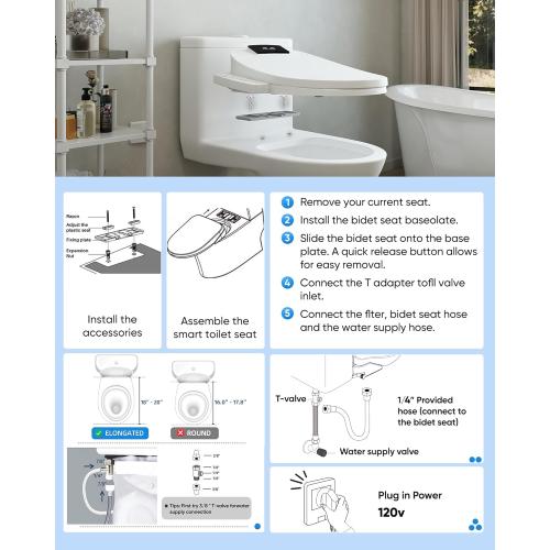 Electric Bidet Toilet Seat Elongated with Heated Seat, Warm Air Dryer, Endless Warm Water, Oscillating and Pulsating Spray Wash, Stainless Steel Self-Clean Nozzle (Single Temperature Display)