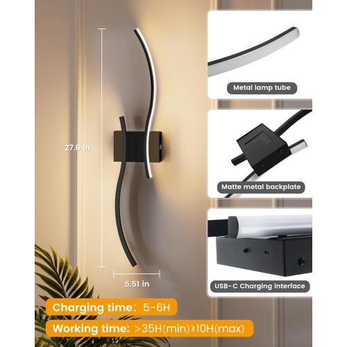 NIORSUN 27.6 Inch Battery Operated Wall Sconce Set of 2, Black Modern Rechargeable Wall Lights with Remote, 3CCT Dimmable Wireless Wall Lamp for Living Room Bedroom Hallway