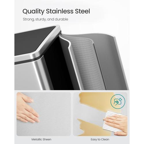 SONGMICS Trash Can, 2 x 10.6 Gallon (2 x 40 L) Garbage Can for Kitchen, with 15 Trash Bags, 2 Compartments, Plastic Inner Buckets and Hinged Lids, Airtight, Silver and Black ULTB730E80