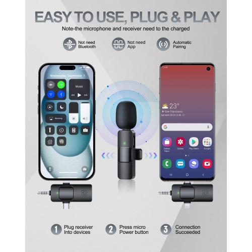 PQRQP 3 in 1 Professional Wireless Lavalier Microphone for iPhone, Android, Camera, Wireless Microphones, Mini Microphone, Crystal Clear Sound Quality for Recording, Live Streaming, Microphone Clips