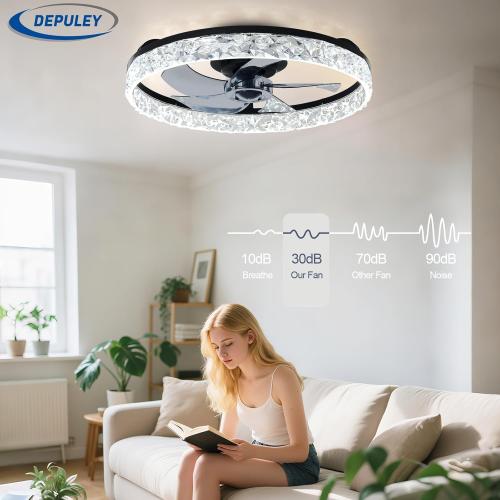 Depuley Bladeless Ceiling Fans with Lights: 20 Black Modern Low Profile Flush Mount Ceiling Fan with App Remote Control - Bedroom Enclosed Crystal Fandelier with Dimmable LED for Living Room Kitchen