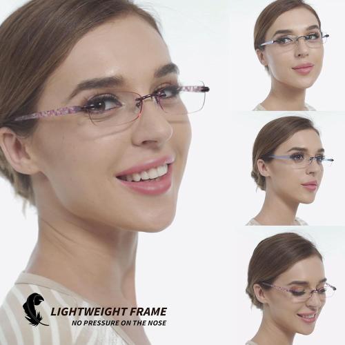 JJWELL 3 Pack Blue Light Blocking Reading Glasses for Women, Anti Eyestrain/Computer Glare UV 400 Filter Readers with Spring Hinge, Lightweight Rimless Tinted Metal Blue Rays Eyeglasses (3.00)