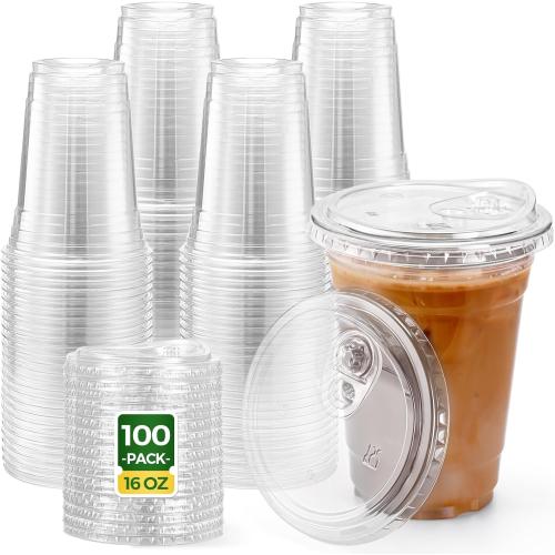 Glotoch Express Plastic Cups with Lids, [100 Sets - 16oz] Disposable Clear Crystal Iced Coffee Cups - Strawless Sip Lids - BPA Free Sturdy To Go Cup for Smoothie Cold Drinks Juice Party Wedding Event