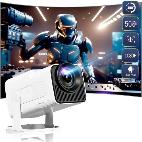 [180°Adjustable Stand]HIPPUS Smart Mini Projector with WiFi and Bluetooth, Full HD 1080P , Auto Keystone,4K Video Portable Ceiling Projector,Wifi 6,Android 11.0 (White)