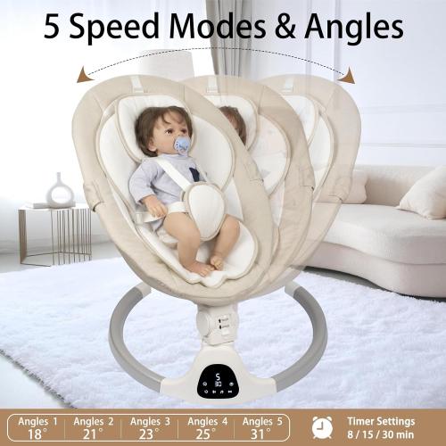 JFOVMCYG Electric Baby Swing for Infants, with Bluetooth Remote Control Timing Function and 10 Music 5 Swing Speeds 3 Seat Positions Baby Bouncer for Boy Girl Indoor & Outdoor Use (Lvory White)