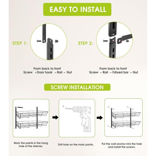 Over The Door Pantry Organizer, Pantry Storage and Organization, 6-Tier Adjustable Hanging Baskets, Metal Wall Mount Spice Rack Seasoning Shelves for Home & Kitchen, Laundry Bathroom - Black